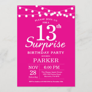 Surprise 13th Birthday Invitation Hot Pink