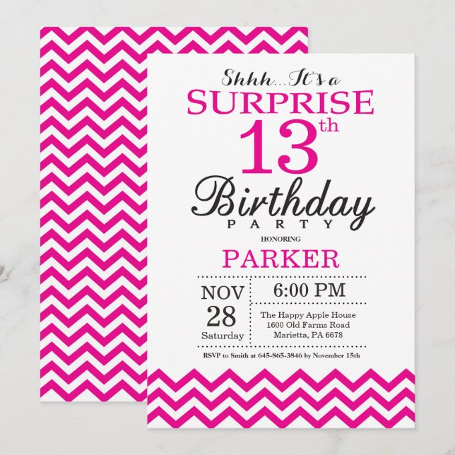 Surprise 13th Birthday Invitation Hot Pink Chevron (Front/Back)
