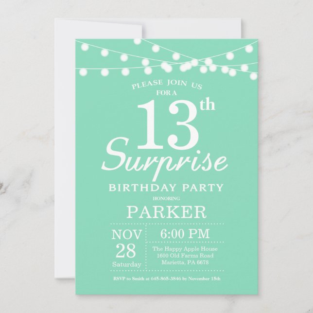 Surprise 13th Birthday Invitation Mint Green (Front)