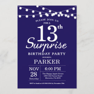 Surprise 13th Birthday Invitation Navy Blue