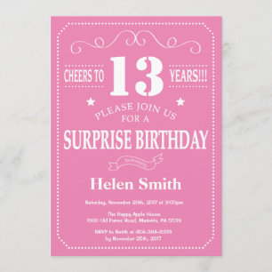 Surprise 13th Birthday Invitation Pink and White