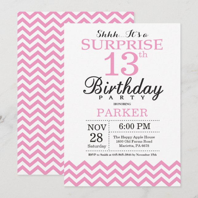 Surprise 13th Birthday Invitation Pink Chevron (Front/Back)