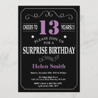 Surprise 13th Birthday Invitation Purple and Black