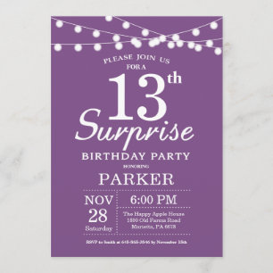 Surprise 13th Birthday Invitation Purple Lavender