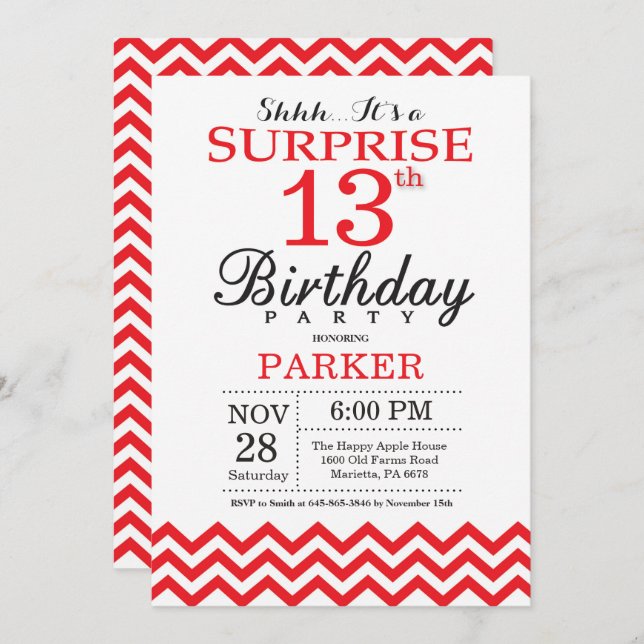 Surprise 13th Birthday Invitation Red Chevron (Front/Back)
