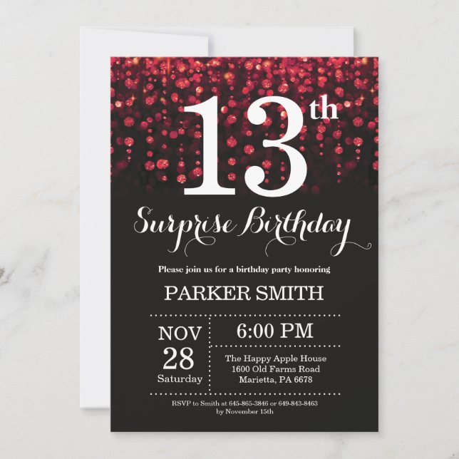 Surprise 13th Birthday Invitation Red Glitter (Front)
