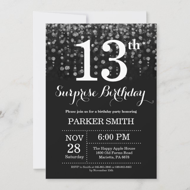 Surprise 13th Birthday Invitation Silver Glitter (Front)
