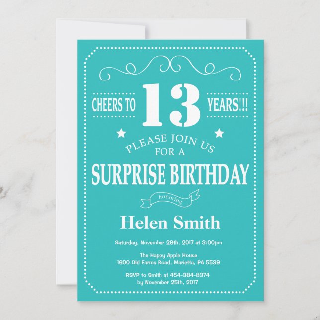 Surprise 13th Birthday Invitation Teal and White (Front)
