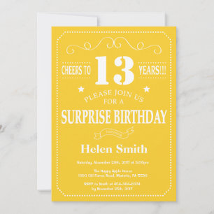 Surprise 13th Birthday Invitation Yellow and White