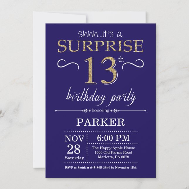 Surprise 13th Birthday Navy Blue and Gold Glitter Invitation (Front)