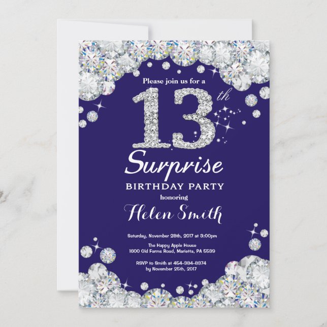 Surprise 13th Birthday Navy Blue Silver Diamond Invitation (Front)