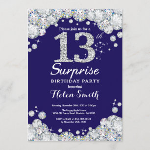 Surprise 13th Birthday Navy Blue Silver Diamond Invitation