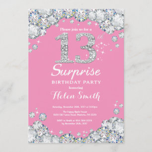 Surprise 13th Birthday Pink and Silver Diamond Invitation