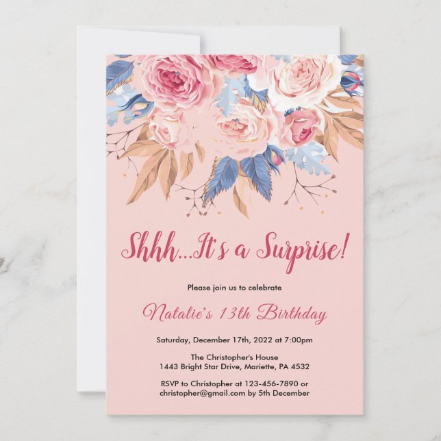Surprise 13th Birthday Pink Botanical Floral Invitation (Front)