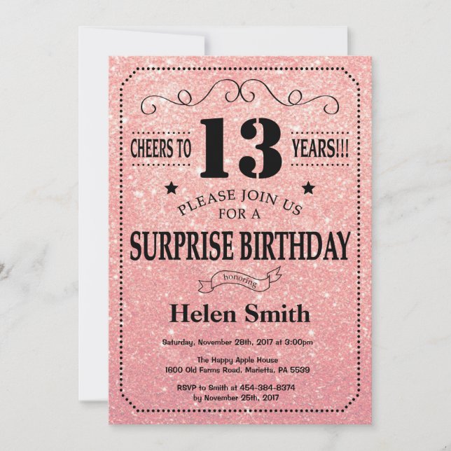 Surprise 13th Birthday Pink Rose Gold Glitter Invitation (Front)