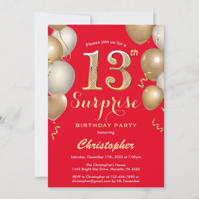 Surprise 13th Birthday Red and Gold Balloons Invitation (Front)
