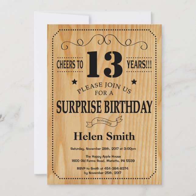 Surprise 13th Birthday Rustic Wood Invitation (Front)