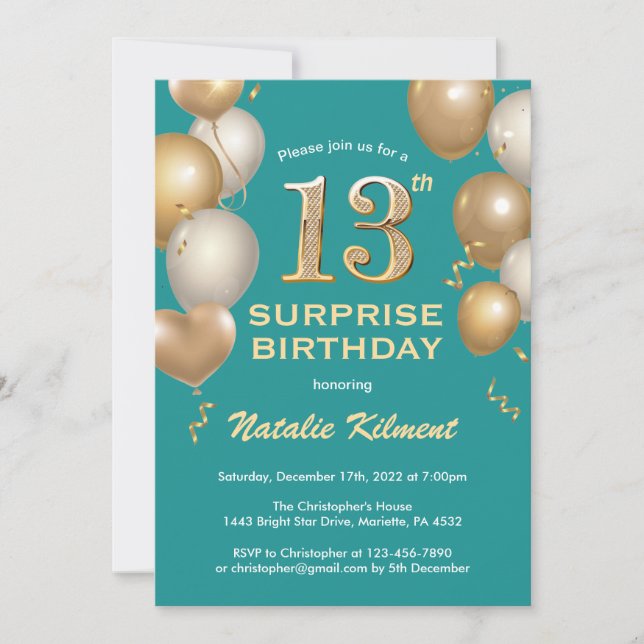 Surprise 13th Birthday Teal and Gold Balloons Invitation (Front)