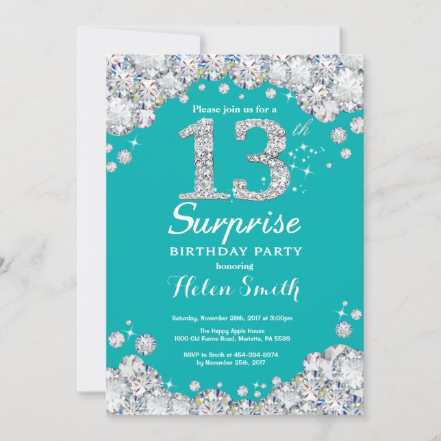 Surprise 13th Birthday Teal and Silver Diamond Invitation (Front)