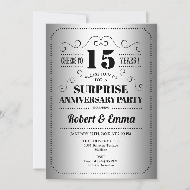 Surprise 15th Anniversary Party - Silver Black Invitation (Front)