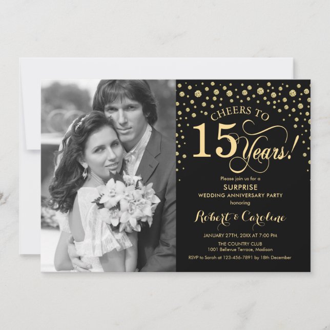 Surprise 15th Anniversary with Photo Black Gold Invitation (Front)