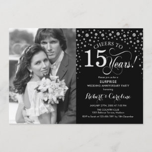 Surprise 15th Anniversary with Photo Black Silver Invitation