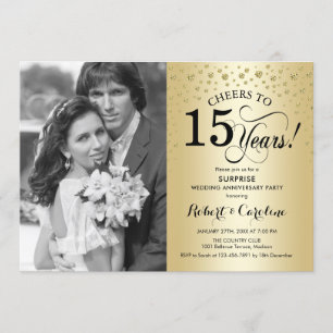 Surprise 15th Anniversary with Photo Gold Black Invitation