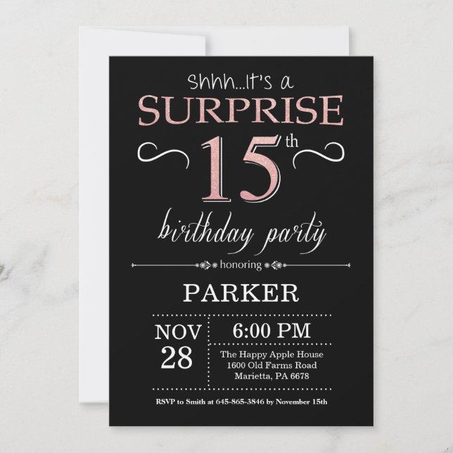 Surprise 15th Birthday Black and Rose Pink Gold Invitation (Front)
