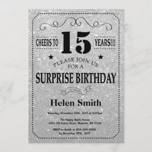 Surprise 15th Birthday Black and Silver Glitter Invitation