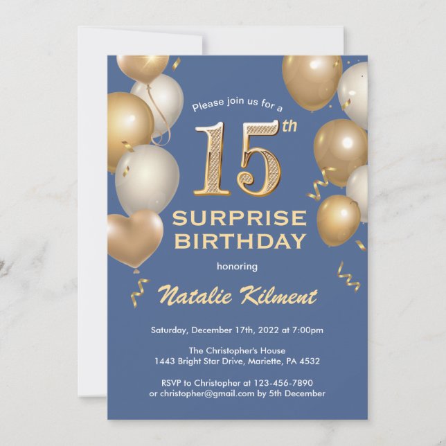 Surprise 15th Birthday Blue and Gold Balloons Invitation (Front)