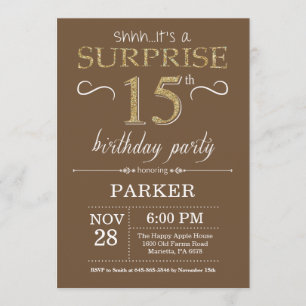 Surprise 15th Birthday Brown and Gold Glitter Invitation