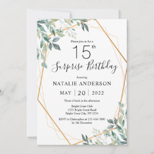 Surprise 15th Birthday Eucalyptus Greenery & Gold Invitation