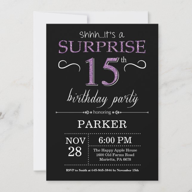 Surprise 15th Birthday Invitation Black and Purple (Front)