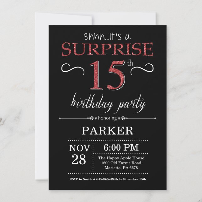 Surprise 15th Birthday Invitation Black and Red (Front)