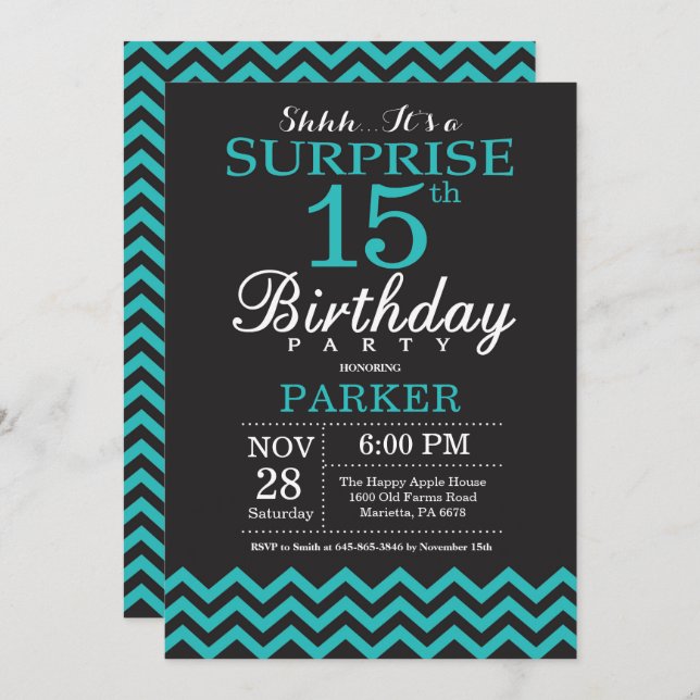 Surprise 15th Birthday Invitation Black and Teal (Front/Back)