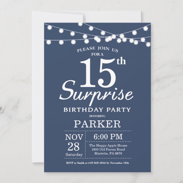 Surprise 15th Birthday Invitation Blue (Front)