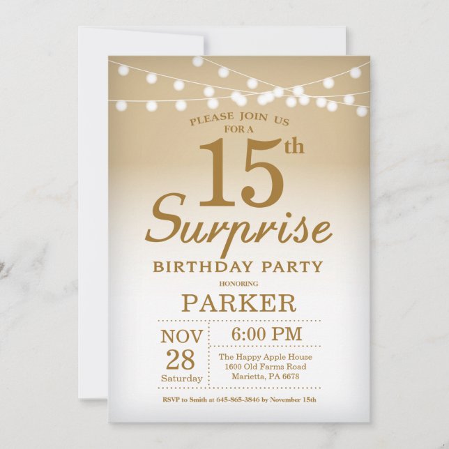 Surprise 15th Birthday Invitation Gold (Front)
