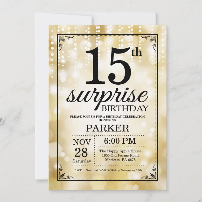 Surprise 15th Birthday Invitation Gold Glitter (Front)