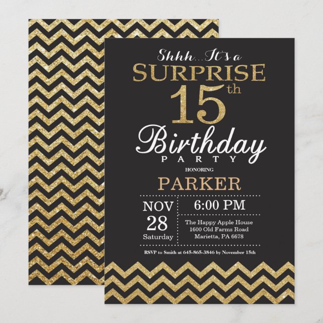 Surprise 15th Birthday Invitation Gold Glitter (Front/Back)