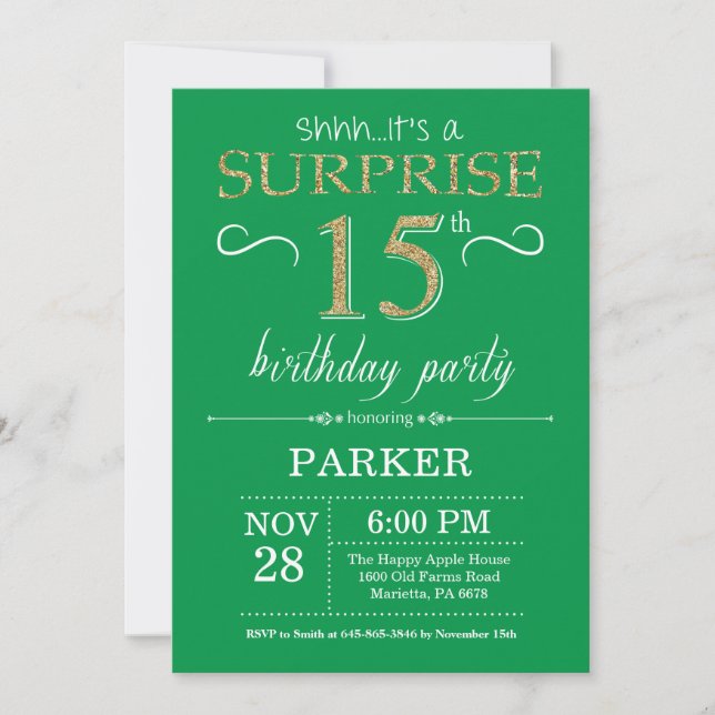 Surprise 15th Birthday Invitation Green and Gold (Front)