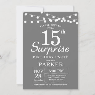 Surprise 15th Birthday Invitation Grey and White