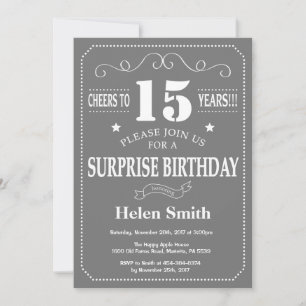 Surprise 15th Birthday Invitation Grey and White