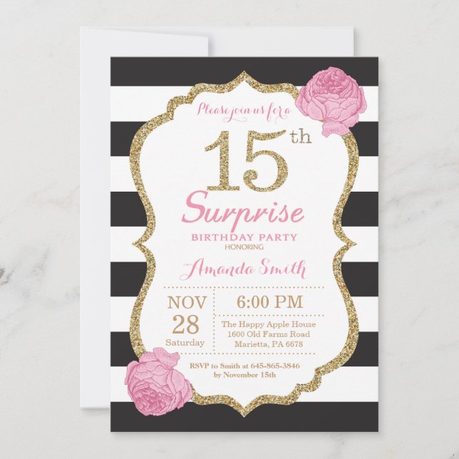 Surprise 15th Birthday Invitation Pink Black Gold (Front)