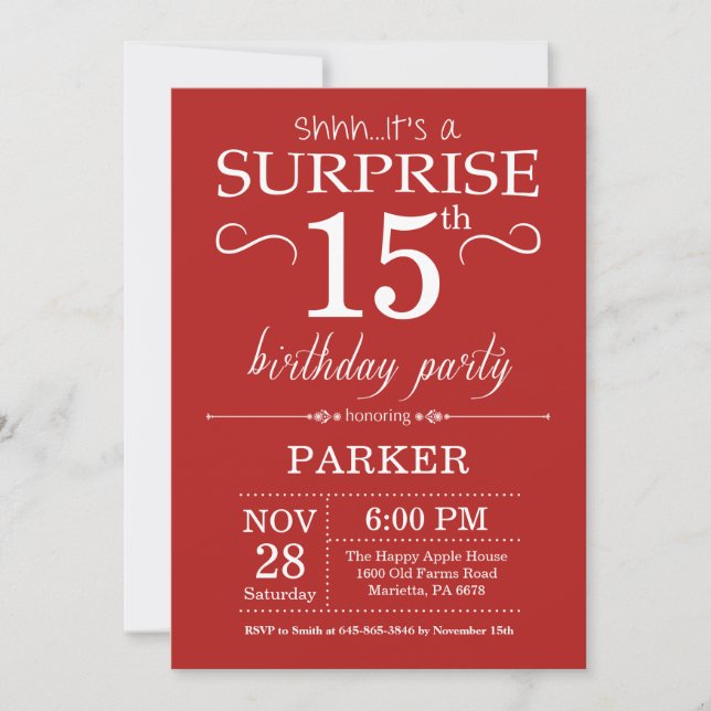 Surprise 15th Birthday Invitation Red (Front)