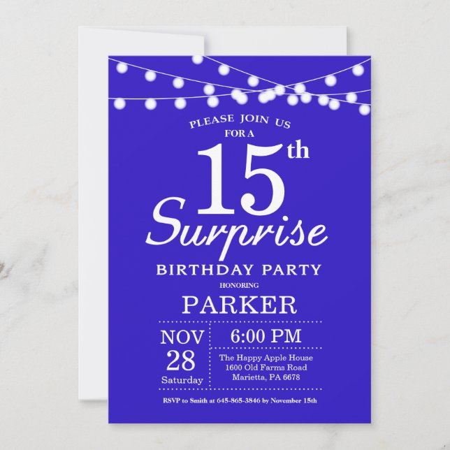 Surprise 15th Birthday Invitation Royal Blue (Front)