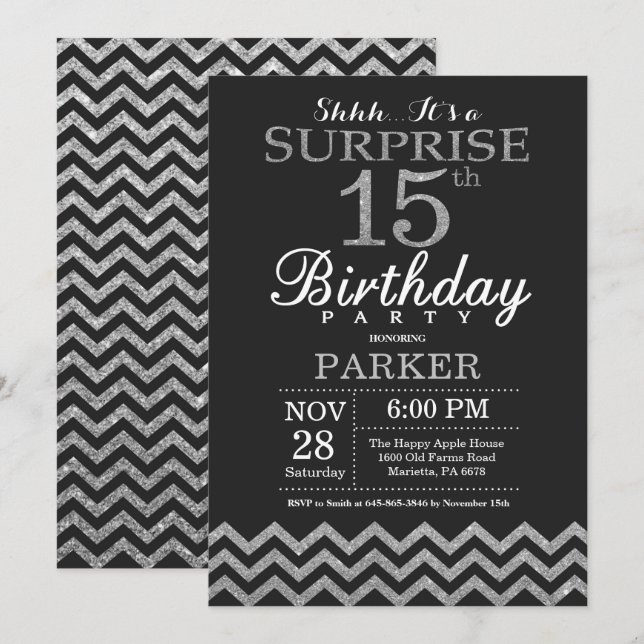 Surprise 15th Birthday Invitation Silver Glitter (Front/Back)
