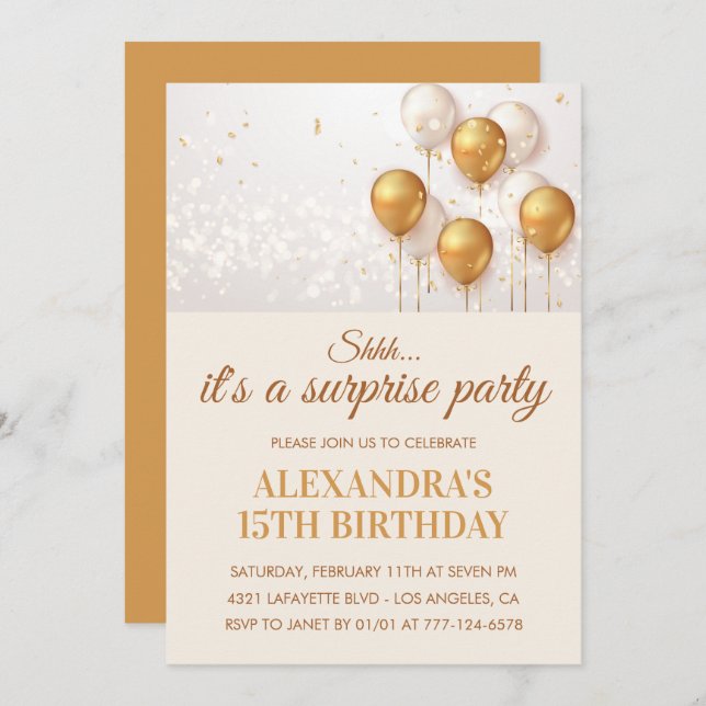 Surprise 15th birthday invitations Gold (Front/Back)
