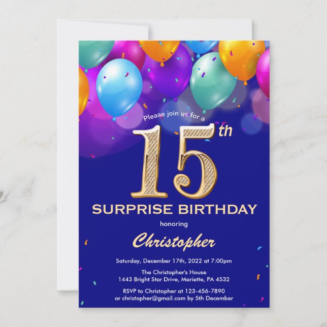 Surprise 15th Birthday Navy Blue and Gold Balloons Invitation (Front)