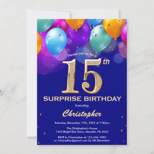 Surprise 15th Birthday Navy Blue and Gold Balloons Invitation