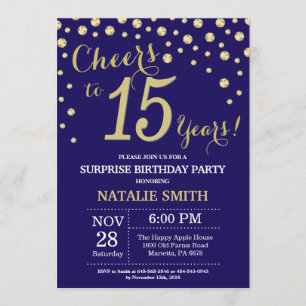 Surprise 15th Birthday Navy Blue and Gold Diamond Invitation